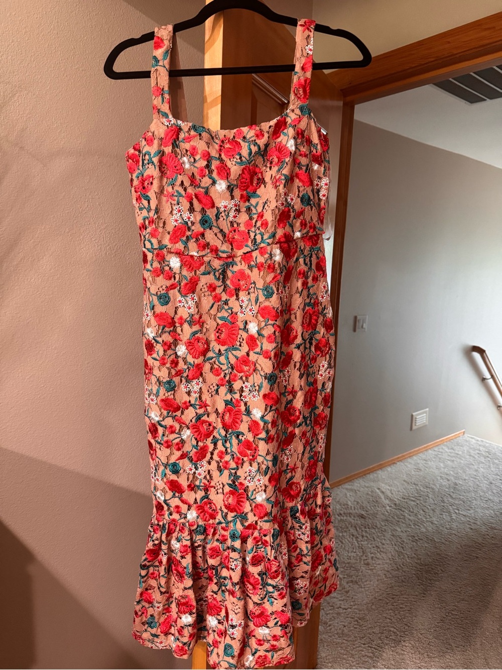 Lovers + Friends Peach Midi Dress with Coral and Teal Floral Print